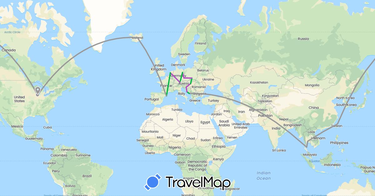 TravelMap itinerary: driving, bus, plane, train in Czech Republic, Germany, Spain, Croatia, Hungary, Iceland, Netherlands, Poland, Thailand, Taiwan, United States (Asia, Europe, North America)